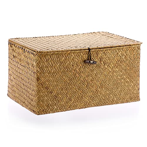 Hipiwe Wicker Shelf Baskets Bin with Lid, Handwoven Seagrass Basket Storage Bins Rectangular Household Basket Boxes for Shelf Wardrobe Home Organizer, Caramel Large - color: Caramel, size: Large
