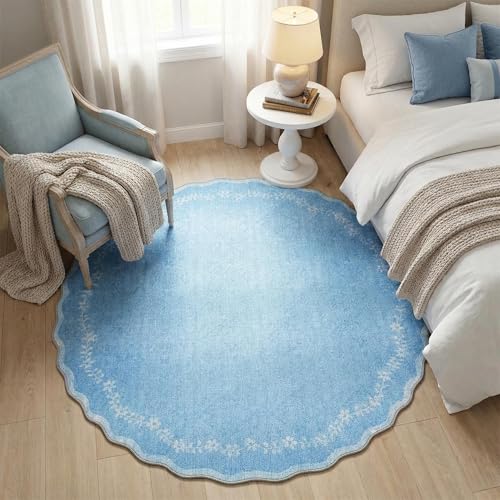 GarveeHome Round Area Rugs 4ft for Kids Room, Solid Blue Scalloped Washable Circle Rug Soft Non Slip Floral Print Floor Mat Carpet Indoor Thin Tent Rug for Bedroom Dining Room Playroom Nursery - color: Baby Blue, size: 4' (Round)