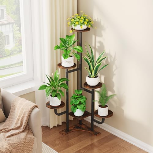 Homsorout Corner Plant Stand with Grow Light - 6 Tier Plant Stand Indoor Round Metal Plant Shelf with Adjustable Light, Plant Organizer for Living Room, Graden, Home Decor (Brown) - color: Brown & Round