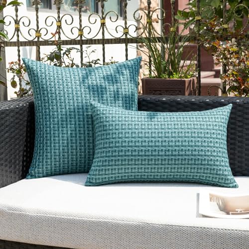 Kevin Textile Outdoor Waterproof Throw Pillow Covers Pack of 2 Weaving Texture Water Resistant Outside Decorative Cushion Covers for Garden Patio Tent Balcony Bench Couch Sofa 16x16 Inch, Teal - color: Teal, size: 16" x 16" (Pack of 2)