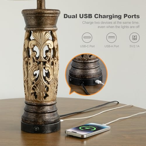 BOBOMOMO 27.25” Antique Gold Table Lamps Set of 2 – Farmhouse Bedside Lamps with Night Light & USB A+C Ports, Vintage Lamps for Bedroom, Living Room, Entryway, Nursery, Reading Nook(Bulbs Included - color: Antique Gold