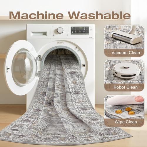 Washable 5x7 Area Rug for Living Room - Ultra Soft Vintage Carpet with Non-Slip Backing, Stain Resistant Low-Pile Indoor Rug for Bedroom & Home Office, Kid & Pet Friendly- Grey - color: Grey, size: 5' x 7' (Rectangular)