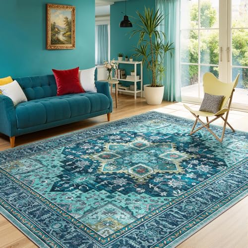 5x7 Turquoise Area Rugs for Living Room - Vintage Teal Green Boho Medallion Aesthetic Distressed Washable Rug, Soft Non-Slip Backing Low Pile Carpet for Office, Lounge, Bedroom Foot of Bed - color: Turquoise, size: 5' x 7' (Rectangular)