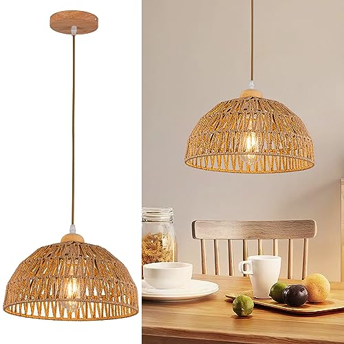 Boho Pendant Light Fixture Kitchen Chandelier Rattan Hanging Light Flush Mount Ceiling Light Boho Lamp Shade Wooden Base Bohemian Chandeliers for Hallway Bedroom Chandelier Dinning Light Fixture - color: Brown-Pendant light