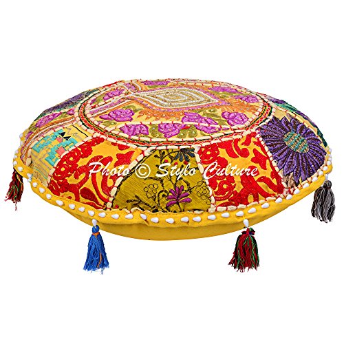 Ethnic Round Floor Cushion Vintage Bohemian Patchwork Cover Yellow Throw Pillow Cover 18 Small Decorative Decor Seating Tuffet Seat Pouf Cover Footstool Cotton Embroidered 1 Pc - color: Yellow