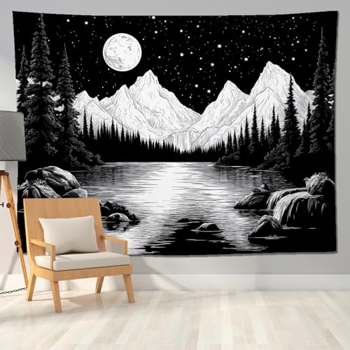 keowhsf Starry Night Mountain Lake Tapestry Black and White Tapestries Aesthetic Moon and Stars Wall Hanging Dark Nature Forest Tapestry for Bedroom Living Room Dorm Decor - color: StarryNight2, size: 80"L x 60"W