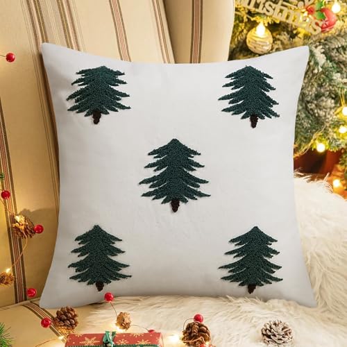 Merrycolor Christmas Pillow Covers18×18Inch Cotton Canvas Tufted Throw Pillows with Embroidered Green Pine Tree White Winter Cushion Cases Suitable for Beds,Sofas,and Living Rooms Holiday Home Decor - color: Green Christmas Tree
