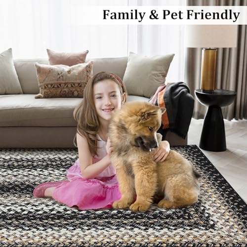 ROYHOME Small Area Rug 2x4 Indoor Non-Slip Entryway Mat Braided Print Area Rugs Boho Accent Rug Farmhouse Washable Rug Modern Geometric Carpet for Living Room Bedroom Kitchen, Black - size: 2' x 4' (Rectangular)