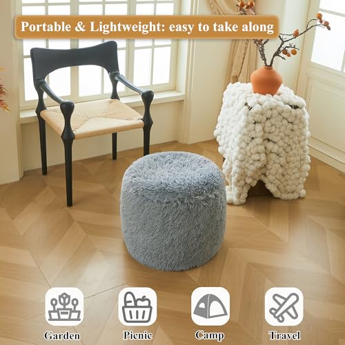 XeGe Fluffy Faux Fur Inflatable Pouf Ottoman, Soft Portable Shaggy Fuzzy Foot Stool, Gray Plush Furry Foot Rest Floor Pouf, Round Ottoman Cushion Living Room Bedroom Patio Dorm Desk, Light Grey - color: Light Grey, size: 20"x20"x16"