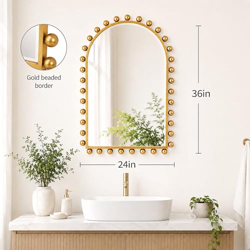 24x36 Inch Arched Wall Mirror with Antique Gold Ball Frame, Beveled Arched Decorative Wall Mirror, Vintage Gold Accent Mirror for Living Room, Entryway, Bedroom, Hallway & Over Console Decor - size: Arch 24x36"