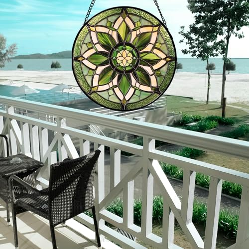 Stained Glass Window Hanging - White Green Boho Flower Suncatcher for Doors Window Home Sun Catchers Decor Christmas Mother's Day Birthday Gifts for Teacher Women Men Mom Nana 6.3 in - color: Green and White, size: 6.3x6.3 IN