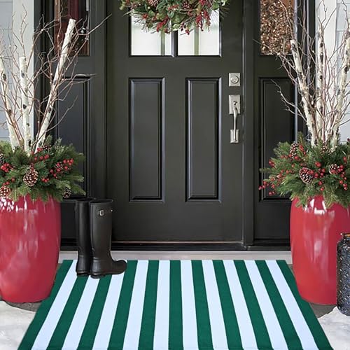 Green & White Striped Rug, 2'4" x 3'7" Indoor/Outdoor Area Rug for Front Porch, Entryway, Machine Washable Cotton Woven Welcome Door Mat - color: Green & White Stripe, size: 2'4" x 3'7" (Rectangular)