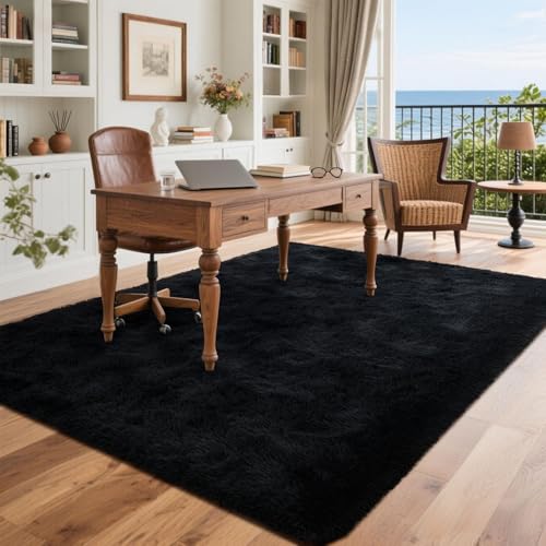 Black Rugs for Living Room Fluffy 4x6 ft Bedroom Rug Non-Slip Area Rugs Shag Carpet for Nursery Kids PlayRoom Dorm Office Indoor Modern Plush Carpets Boys - color: A-black, size: 4' X 6' (Rectangular)