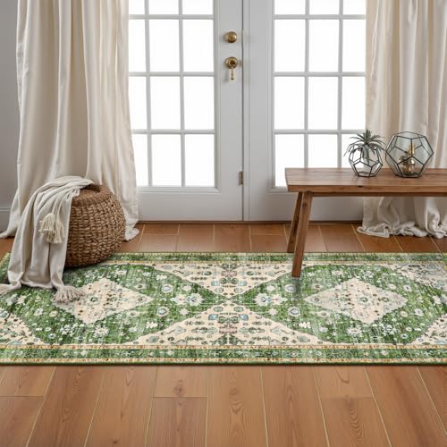 Lahome Felice Boho Runner Rugs 2x5 Green Kitchen Runner Rugs Non Skid Washable, Tribal Vintage Soft Machine Washable Non-Shedding Indoor Runners for Bedroom Hallway Bathroom Decor - color: Green, size: 2' x 5' (Runner)