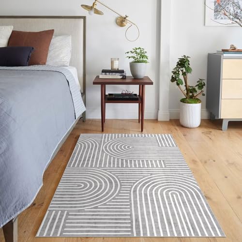 LUXRUG 3x5 Washable Area Rug - Small Entryway Rug Non-Slip Grey Abstract Rainbow Kitchen Rugs Modern Boho Carpet Throw Rugs for Living Room Bedroom Bathroom Dorm Nursery Room Home Decor - color: Grey, size: 3' x 5' (Rectangular)