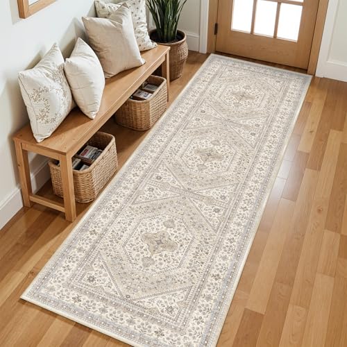 2x6 Runner Rug for Hallway Washable: Non Slip Kitchen Rugs with Rubber Backing Soft Waterproof Mats Stain Resistant Indoor Vintage Carpet Runner for Bedroom Bathroom Laundry Entryway Beige/Gray - color: Beige/Gray, size: 2' x 6' (Rectangular)