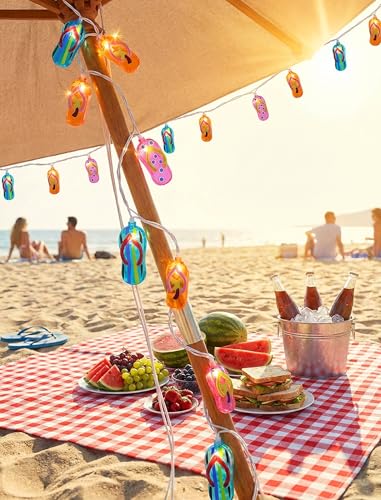 Multicolor Beach Flip Flop String Lights, 8.5Ft Beach Themed Outdoor Party Lights with 10 Multicolor Slipper Lights, Summer Ocean Decorations String Lights for Bedroom Camping Decks Party Lighting - color: Beach Shoes String Lights