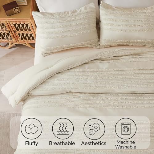 BEDELITE Boho King Size Comforter Set - Beige Tufted Striped Bed Set 3 Pieces, Soft Vintage Farmhouse Comforter for All Seasons, Boho Home Decor,Fluffy Jacquard Bedding with Pillow Sham - color: Beige, size: King