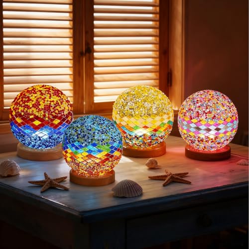 Mediterranean Mosaic Table Lamp Tiffany Style Lights USB Power Dimmable Ambient Lighting Spa Corner/Massage Room Decor Colored Coastal Bedside Lamp for Bedroom(5V 4.72"*5.31") - style: Mediterranean Orange