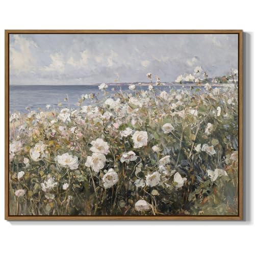 Framed Landscape Wall Art Blue Ocean Theme White Flower Pictures Wall Decor Abstract Floral Painting Prints Modern Seascape Artwork for Living Room Bedroom Bathroom Home Office Decoration, 8x10 Inch - color: Blue Ocean White Flower, size: 10"L x 8"W