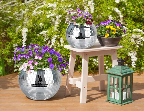 Disco Ball Planter, 1pcs 10” Silver Disco Ball Planter, Disco Ball Plant Hanger with Hanging Rope, Hanging Chain, Hook, Circle and Extra Mirror Pieces - color: 1×10" Silver