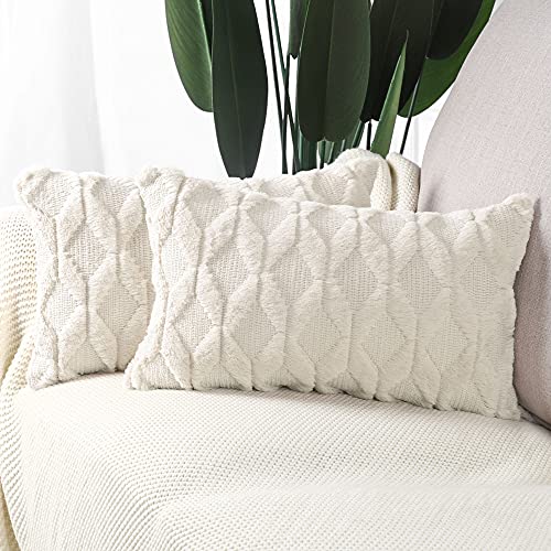 MADIZZ Set of 2 Soft Polyester Short Wool Velvet Decorative Throw Pillow Covers 12x20 inch Beige Rectangular Luxury Style Cushion Cases Pillow Shell for Sofa Bedroom - color: Cream Beige, size: 20" x 12" (Pack of 2)