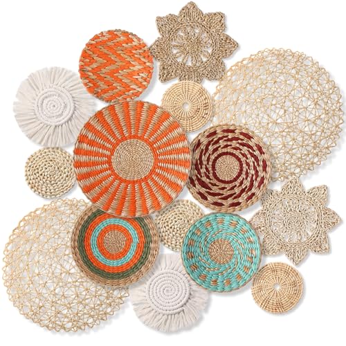 Anglechic 15 Pcs Boho Wall Basket Decor Woven Rattan Seagrass Wall Decor Hanging Rustic Farmhouse Western Art Decoration for Nursery Living Room Bedroom Home Kitchen(Orange Style) - style: Orange Style