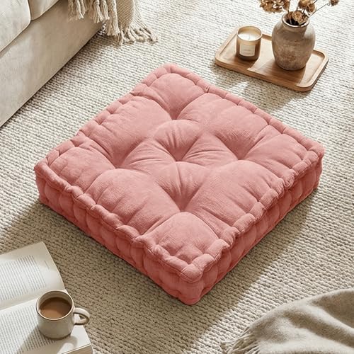 Intelligent Design Floor Pillow - Shredded Foam Filled Meditation & Yoga Cushion, Chenille Tufted, Handsewn Scalloped Edge, Oeko-TEX Certified, Azza, 20" x 20" x 5" Dusty Peach - color: Dusty Peach