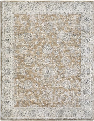Hauteloom Borah Area Rug - Floral Border Medallion Damask Distressed - Traditional Oriental Transitional Oushak Farmhouse - Light Brown, Cream, Medium Brown, Tan, Gray - 7'10" x 10'2" - color: Light Brown, Cream, Medium Brown / Kerem, size: 7'10" x 10'2"