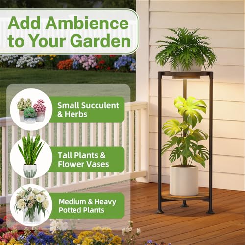iDavosic.ly 2 Tier Plant Stand Indoor with Grow Light, 30 Inch Tall Vertical Corner Metal Flower Heavy Duty Pot Holder Shelf, Modern Black & Rustic Brown - Round - color: Black with Light, size: 2 Tiers
