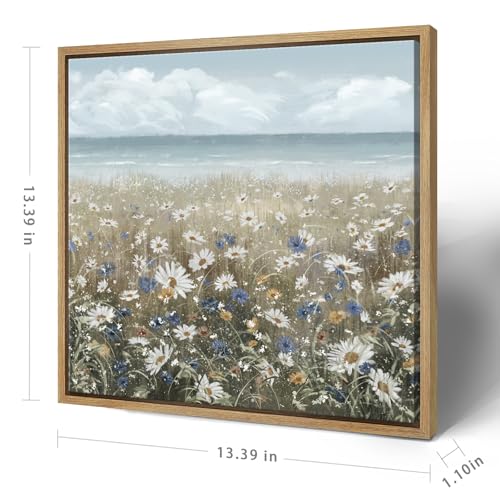 amatop Framed Wall Art Bathroom Décor Boho Beach Coastal Vintage Floral Wall Picture Flower Daisy Flowers by Sea Canvas Print Nautical Small Artwork For Home Farmhouse Living Room Bedroom Office - color: Coastal Flower Sea Art, size: 13.5"L x 13.5"W