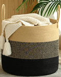 KAKAMAY Large Blanket Basket (18"x18"x16"),Woven Baby Laundry Hamper for Storage, Cotton Rope Blankets Baskets for Nursery, Laundry, Living Room, Pillows, Baby Toy Chest with Handles (Black) - color: Black