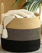 KAKAMAY Large Blanket Basket (18"x18"x16"),Woven Baby Laundry Hamper for Storage, Cotton Rope Blankets Baskets for Nursery, Laundry, Living Room, Pillows, Baby Toy Chest with Handles (Black) - color: Black