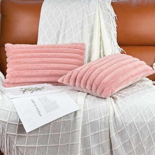 12x20 Throw Pillow Covers Set of 2, Decorative Faux Fur Covers for Bed, Couch Soft Fluffy Pillow Cover with Velvet Back for Living Room, Neutral Home Décor Accent for Sofa - Pink - color: Pink, size: 20" x 12" (Pack of 2)