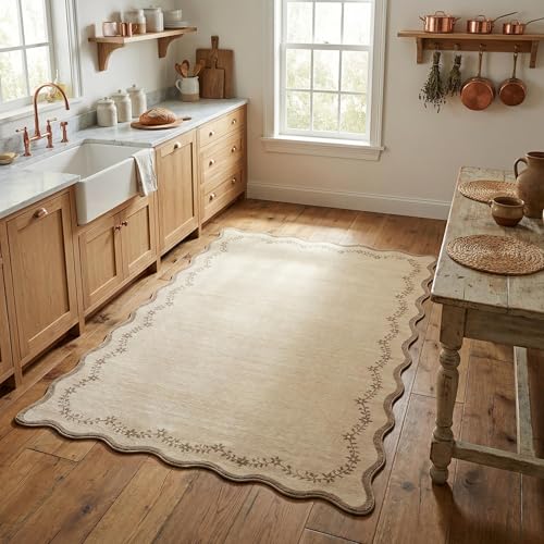 GarveeHome 3x5 Scalloped Washable Area Rug for Bedroom,Soft Solid Jute Entryway Rug Farmhouse Kitchen Mat Non Slip Low Pile Carpet Stain Resistant Throw Rug for Bedside Kids Room Office - color: Jute, size: 3' x 5' (Rectangular)