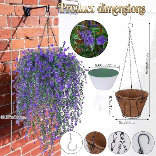 2 Set Artificial Flower Hanging Baskets for Outdoors, 20Pcs Fake Hanging Plants, Outdoor Faux Flowers UV Resistant for Spring Summer Porch Patio Garden Home Decoration (Purple) - color: Purple