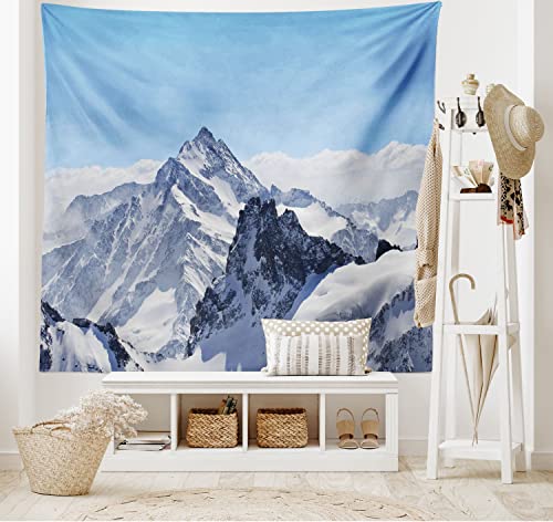 Ambesonne Winter Tapestry, Snowy Rocky Mountain Peaks Tops Scene High Lands ICY Frozen Swiss Outdoor Art, Wide Wall Hanging for Bedroom Living Room Dorm, 60" X 40", Blue and White - color: White Blue, size: 60"L x 40"W