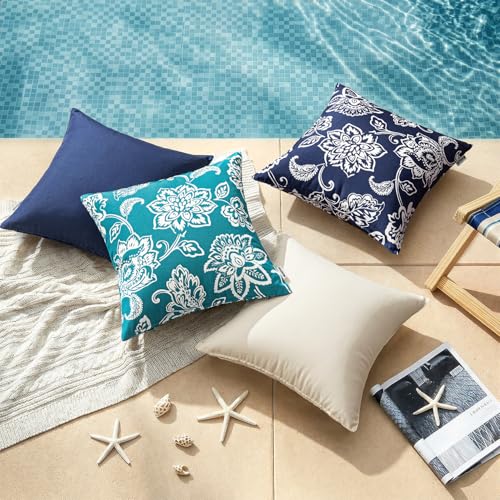 Decorative Outdoor Floral Pillow Covers Set of 2,Waterproof Boho Farmhouse Throw Pillows Summer Coastal Accent Pillowcases for Patio Furniture Garden Sofa 18x18 Inch, Navy Blue - color: Navy Blue