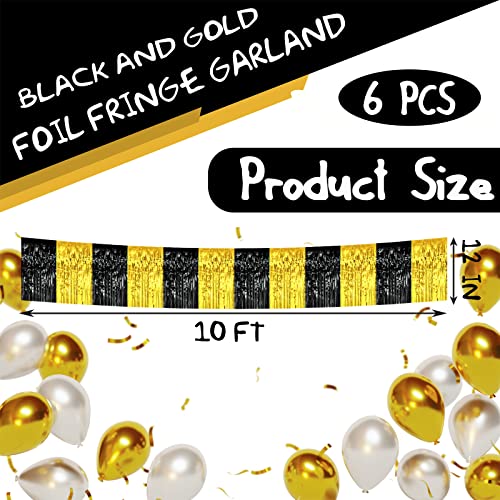 6 Pack 10 Feet Black Gold Foil Fringe Garland Metallic Tinsel Streamers Banner Wall Hanging Curtain Backdrop Banner for Parade Floats, Thanksgiving, Christmas, Birthday, Halloween Party Decorations - color: 6 Pack Black Gold
