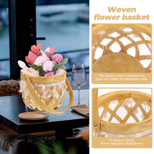 TOYANDONA Woven Flower Display Basket with Handle, Handcrafted Hollow Round Wood Strip Planter for Indoor Plant Pots and Decorative Storage in Pastoral Style