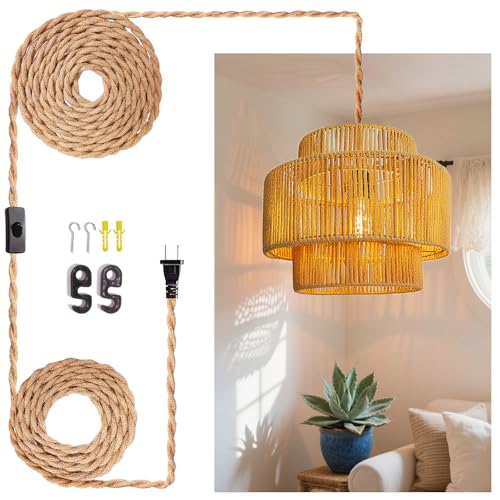 Hanging Light Ceiling Lamp Pendant Lights Rattan Hanging Lamp with Plug in Cord for Living Room Bedroom Kitchen Indoor Hanging Lamp Plug in Woven Lampshade - size: 12 Inch-Lantern Shade