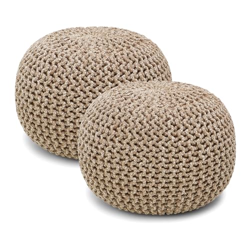 REDEARTH · Round Pouf Ottoman - Hand Knitted Cable Boho Poof Home Décor Pouffe Circular Footrest for Living Room - Nursery - Bedroom - Lounge 100% Cotton (18”x18”x14”) - Beige Ivory, Set of 2 - color: Circular Beige Ivory-s, size: 18"Dx18"Wx14"H