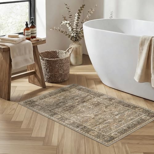 2x3 Entryway Rug Brown Washable Vintage Rugs for Entryway Kitchen Low Pile Non-Slip Door Mat Traditional Distressed Small Throw Rugs for Kitchen Entrance Bathroom - color: Brown, size: 2'*3'(Rectangular)