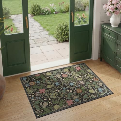 Washable Floral Area Rug 2x3, Vintage Farmhouse Botanical Rug, Non Slip Low Pile Thin Floor Soft Small Accent Rug for Entryway Bedroom Living Room Kitchen Doorway Stain Resistant Black Green - color: Black, size: 2'x3'