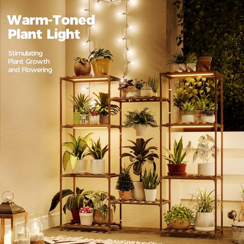 Bamworld Plant Stand with Grow Lights Large Plant Shelf for Mutiple Pots Plant Holder for Living Room Patio Boho Home Decor for Gardening Warm Light - color: Brown-20 Pots, style: Cabinet