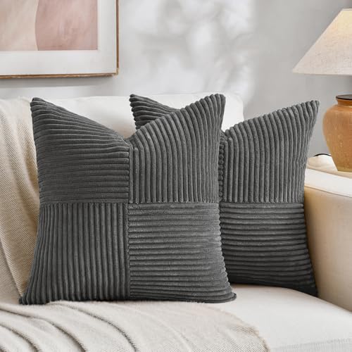 Fancy Homi 2 Packs Dark Gray Samll Decorative Throw Pillow Covers 12x12 Inch with for Couch Bed Sofa, Rustic Farmhouse Boho Home Decor, Soft Corss Patchwork Corduroy Square Cushion Case 30x30 cm - color: Dark Gray, size: 12" x 12" (Pack of 2)