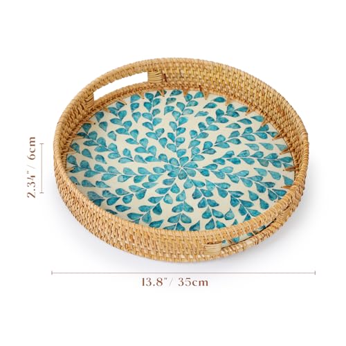 YANGQIHOME Round Rattan Tray with Handle, Mother of Pearl Inlay Decorative Wicker Basket for Coffee, Bread, Fruits, Serving Tray for Home Decor, Blue Clover - color: Blue Clover, size: 13.8"