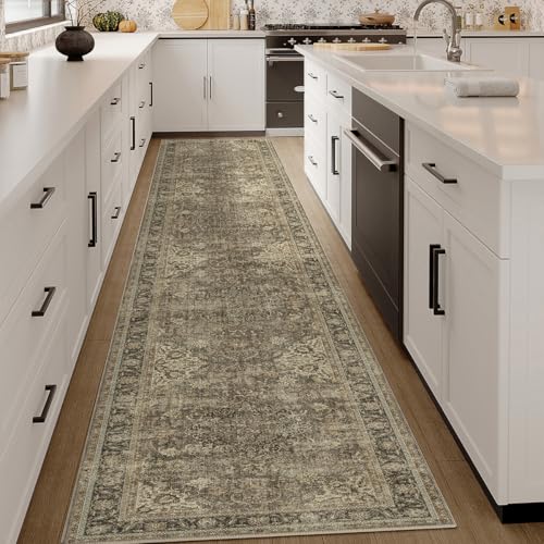 2x12 Washable Runner Rug Brown Vintage Non Slip Soft Low Pile Hallway Kitchen Rug Distressed Oriental Carpet for Laundry Bathroom Bedroom Living Room Home Decor - color: Brown/Black, size: 2' x 12' (Runner)
