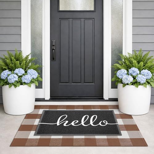 KILOCOCO Buffalo Plaid Checkered Rug 27.5x43 Inches Front Door Mat Outdoor Brown and White Rugs Cotton Washable Front Porch Rug Layered Doormats for Patio Farmhouse Entryway Kitchen Foyer - color: Brown and White, size: 2'4" x 3'7" (Rectangular)