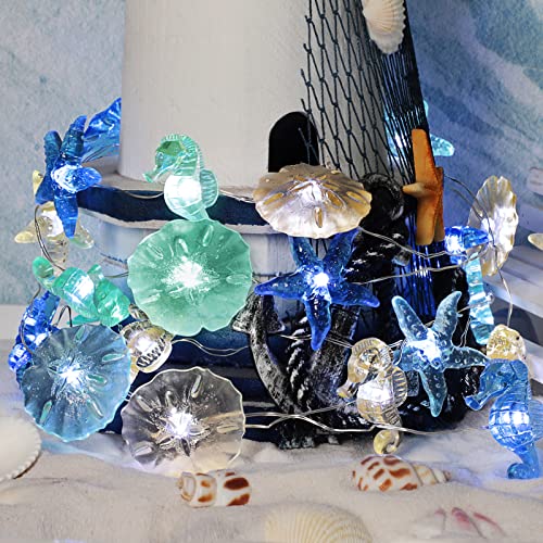 Impress Life Ocean Decor String Lights, Beach Decor Starfish Seahorse Sand Dollars Nautical Decorative Lights Battery & USB Plug In with Remote 10 ft 30 LEDs for Covered Outdoor Bedroom Birthday Party